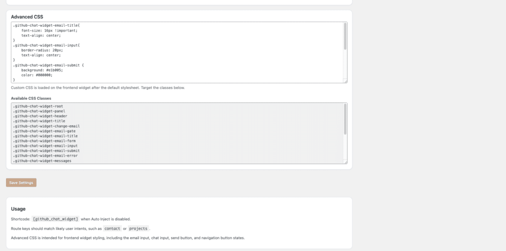 GitHub AI Chat Widget for WordPress 2 Github Chat Settings ‹ Nishan Shashintha — WordPress 04 16 2026 08 07 PM